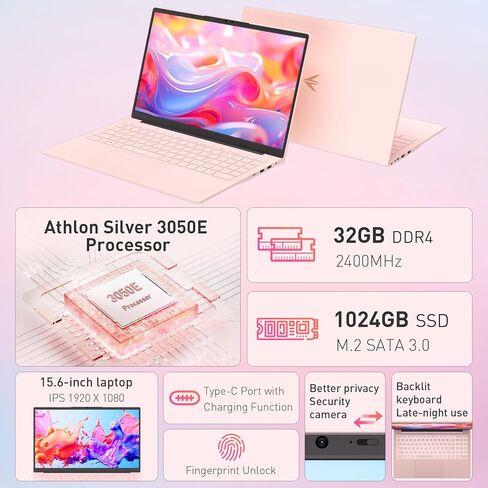 كمبيوتر محمول Auusda مقاس 15.6 بوصة FHD، معالج Athlon Silver 3050E، ذاكرة الوصول العشوائي DDR4 سعة 32 جيجابايت، SSD 1 تيرابايت، WiFi 5/ USB 3.0/ Type-C/HDMI، Win 11 Pro، كمبيوتر محمول رقيق وخفيف IPS للعمل والدراسة والترفيه، وردي in Kuwait