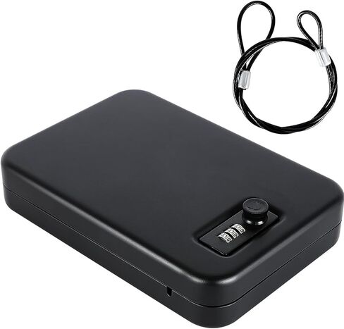 Portable Pistol Safe, Small Handgun Lock Box with Steel Cable, Compact Car Gun Safe for Travel, Office, Dorm, Home,3 Mechnical Digits Access, Black in Kuwait
