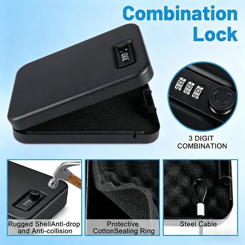 Portable Pistol Safe, Small Handgun Lock Box with Steel Cable, Compact Car Gun Safe for Travel, Office, Dorm, Home,3 Mechnical Digits Access, Black in Kuwait