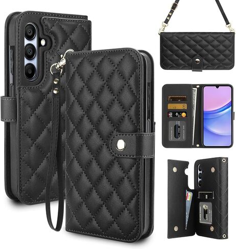 Vofolen for Samsung Galaxy A15 5G Phone Case with Card Holder Crossbody Wrist Strap Leather Flip Case with Magnetic Clasp Kickstand Heavy Duty Rugged Wallet Phone Case for Galaxy A15 5G, Black in Kuwait