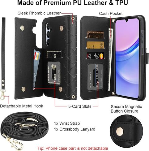 Vofolen for Samsung Galaxy A15 5G Phone Case with Card Holder Crossbody Wrist Strap Leather Flip Case with Magnetic Clasp Kickstand Heavy Duty Rugged Wallet Phone Case for Galaxy A15 5G, Black in Kuwait