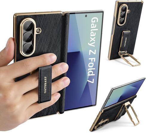 Grip for Samsung Galaxy Z Fold 7 Leather Case with Hand Strap,360° Rotatable Metal Kickstand Phone Cases,Hinge Protection Anti-Scratch Shockproof Wristband Cover for Samsung Z Fold 7,Blue in Kuwait