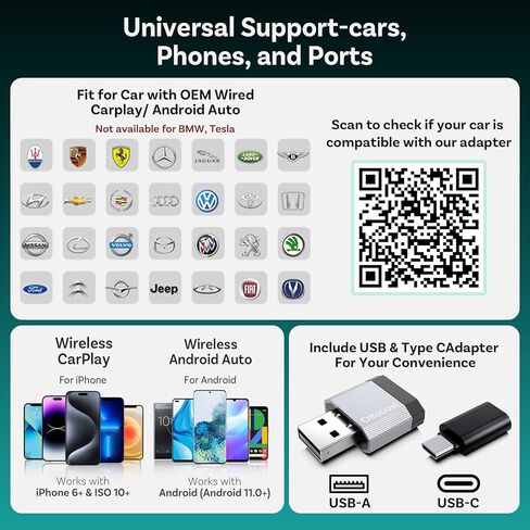 OTTOCAST Mini Nova 2-in-1 Wireless CarPlay & Android Auto Adapter, Plug & Play Convert Wired to Wireless, Fast Auto Connect, Mini USB Design, Compatible with iOS 10+ & Android 11+ in Kuwait