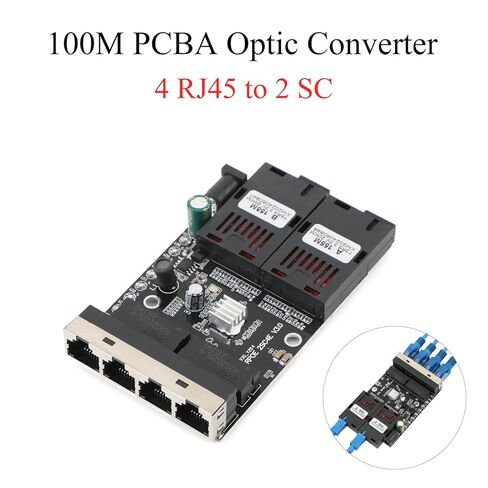 محول وسائط ألياف ضوئية بسرعة 100 ميجابت في الثانية، موصل ألياف مفردة من 4 RJ45 إلى 2 SC، وضع فردي بطول 20 كيلومترًا، 1310/1550 نانومتر، محول إيثرنت للوحة PCBA، أسود (لا يوجد محول طاقة) in Kuwait