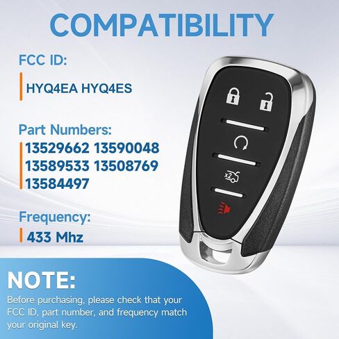 Smart Proximity Key Fob Replacement Fits for Chevy Malibu Camaro 2016 2017 2018 2019 2020 2021 2022 2023 2024 2025 Cruze 2016-2019 Keyless Entry Remote 433 Mhz HYQ4EA HYQ4ES in Kuwait