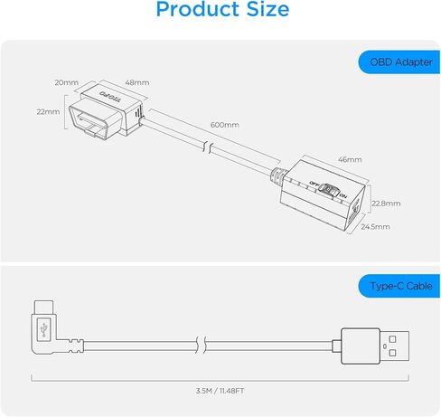 كابل طاقة ثابت VIOFO OP100 Obd-II لكاميرا Dash Cam، وضع المراقبة/Acc لمدة 24 ساعة مع حماية الجهد المنخفض، التوصيل والتشغيل، متوافق مع سلسلة A329S/A229/A119M Pro/A119 Mini2 (منفذ USB من النوع C) in Kuwait