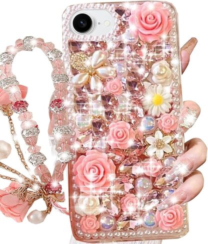 Changjia for iPhone 16e/17e Glitter Bling Case,Cute Girly Luxury 3D Sparkle Crystal Rhinestones Flowers Diamond Pearl Gems with Lanyard Wrist Strap Women Girls Phone Case for iPhone 16e/17e 6.1", Pink in Kuwait