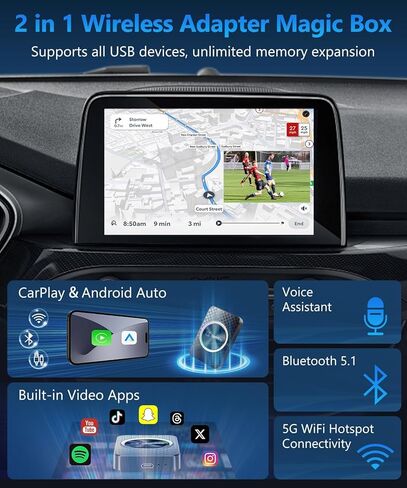 4GB+ 32GB Wireless CarPlay & Android Auto Adapter AI Box, Turn Car Screen into TV (Stream Netflix/YouTube), Plug & Play Magic Video Dongle, Support TF Card, Bluetooth 5.1 + WiFi Connectivity in Kuwait