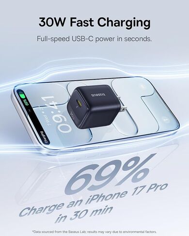 قاعدة شاحن USB C بقدرة 30 وات من Baseus، قطعتان شاحن سريع من النوع C مع كابل USB-C لسلسلة iPhone 17/16/15 وiPad وGalaxy S25 Ultra والمزيد من السلسلة in Kuwait