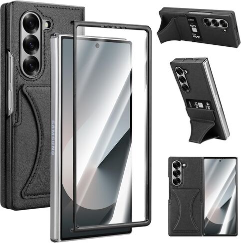 حافظة Vofolen لهاتف Samsung Galaxy Z Fold 6 مع حامل بطاقة وواقي شاشة مدمج من جلد البولي يوريثان لكامل الجسم وغطاء واقٍ شديد التحمل مضاد للصدمات ومسند لهاتف Z Fold 6 للرجال والنساء-أسود in Kuwait