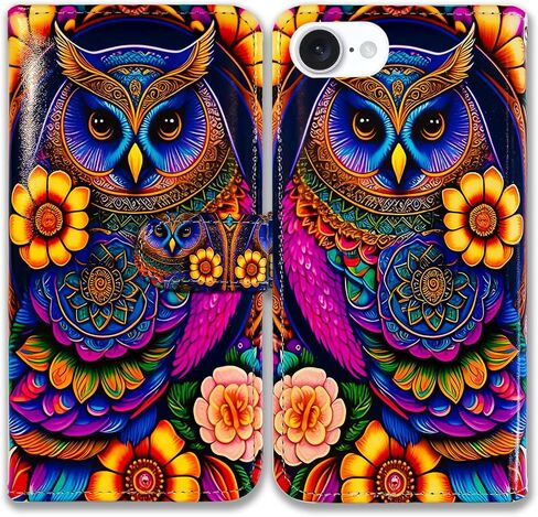 حافظة Bcov لهاتف iPhone 17e/iPhone 16e، حافظة هاتف جلدية متعددة الوظائف على شكل بومة ملونة وزهرة ماندالا، غطاء قلاب مع فتحات بطاقات متعددة وحزام معصم للجيب لهاتف iPhone 17e/iPhone 16e in Kuwait