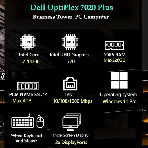كمبيوتر سطح المكتب Dell OptiPlex 7020 Plus 7000 Tower Business، الجيل الرابع عشر Intel 20-Core i7-14700 حتى 5.4 جيجا هرتز، ذاكرة الوصول العشوائي DDR5 سعة 64 جيجابايت، 4 تيرابايت PCIe SSD، DVDRW، WiFi، RJ-45، 3 منافذ عرض، Windows 11 Pro in Kuwait