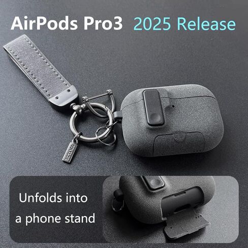 for AirPods Pro 3 Case, with Safety Lock, Auto-Eject Lid, Phone Stand, Matte, Shockproof, Strap, Ring, Carabiner, Wireless Charging, Anti-Loss (Matte Gray) in Kuwait