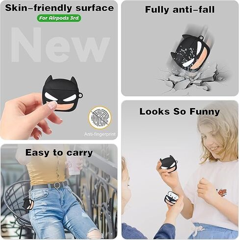 Toyuma for AirPods 3 Case Cute Kawaii Cartoon - Funny 3D Soft Silicone Case Cover with Keychain for Women Girls Teens Character Fun Fashion Design Protective Case for Airpods 3rd, Black in Kuwait