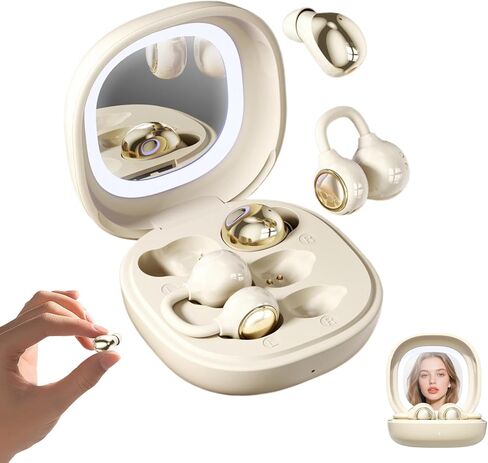 2-in-1 Earbuds Set with Makeup Mirror, Invisible Sleep Earbuds & Open-Ear Clip On Headphones, Bluetooth 5.4, 48H Playtime, ENC Mic, IPX5 Waterproof for Small Ears Work Sleep Sports (Beige) in Kuwait