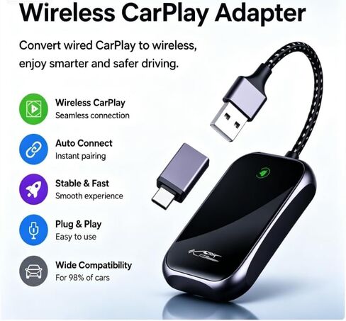 محول CarPlay اللاسلكي المُحسّن لعام 2026 - اتصال تلقائي سريع، اتصال مستقر، قابس صغير الحجم in Kuwait