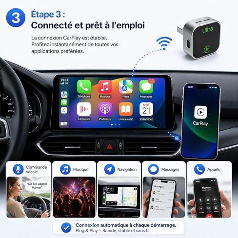 محول CarPlay اللاسلكي لأجهزة iPhone وAndroid، تحويل CarPlay سلكي إلى لاسلكي، دعم Apple CarPlay وAndroid التلقائي، توصيل وتشغيل دونجل USB/USB-C، اتصال تلقائي سريع، بدون تأخير in Kuwait