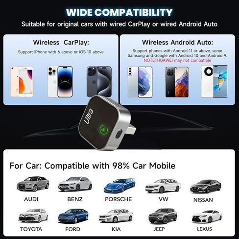 محول CarPlay اللاسلكي لأجهزة iPhone وAndroid، تحويل CarPlay سلكي إلى لاسلكي، دعم Apple CarPlay وAndroid التلقائي، توصيل وتشغيل دونجل USB/USB-C، اتصال تلقائي سريع، بدون تأخير in Kuwait
