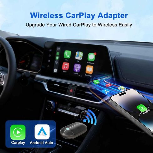 محول CarPlay لاسلكي مزدوج النطاق، 2 في 1 CarPlay & Android Auto Dongle، محول نسيج جلدي سريع الاستقرار، مع محول USB-C/Type-C، لسيارات CarPlay in Kuwait