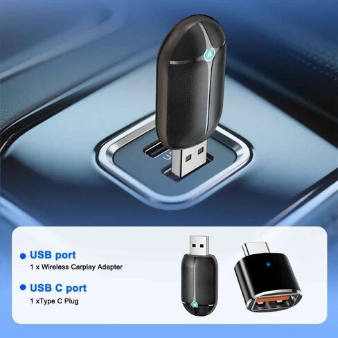 محول CarPlay لاسلكي مزدوج النطاق، 2 في 1 CarPlay & Android Auto Dongle، محول نسيج جلدي سريع الاستقرار، مع محول USB-C/Type-C، لسيارات CarPlay in Kuwait
