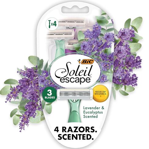 BIC Soleil Escape Women's Disposable Razors, 4 Blade Ladies Razors, Moisture Strip With 100% Natural Almond Oil, Lavender and Eucalyptus Scented Handles, 4 Pack in Saudi Arabia