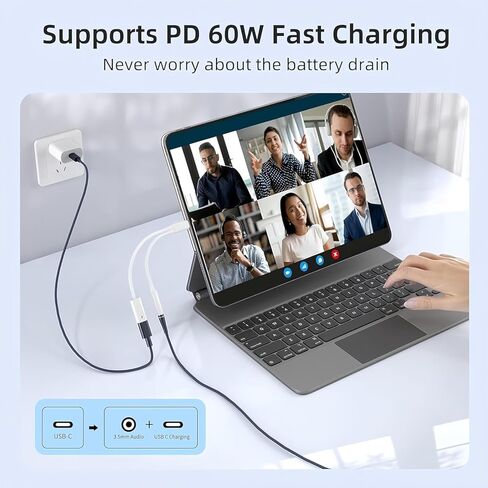 حزمة شحن وفاصل USBc 2 في 1 [مقسم USB-c ومقبس USB C إلى 3.5 مم وشاحن]، شحن سريع PD 60 وات وصوت هاي فاي، لهاتف iPhone 15 16 17/iPad Pro/Galaxy/Pixel in Kuwait