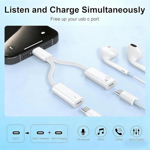 حزمة شحن وفاصل USBc 2 في 1 [مقسم USB-c ومقبس USB C إلى 3.5 مم وشاحن]، شحن سريع PD 60 وات وصوت هاي فاي، لهاتف iPhone 15 16 17/iPad Pro/Galaxy/Pixel in Kuwait