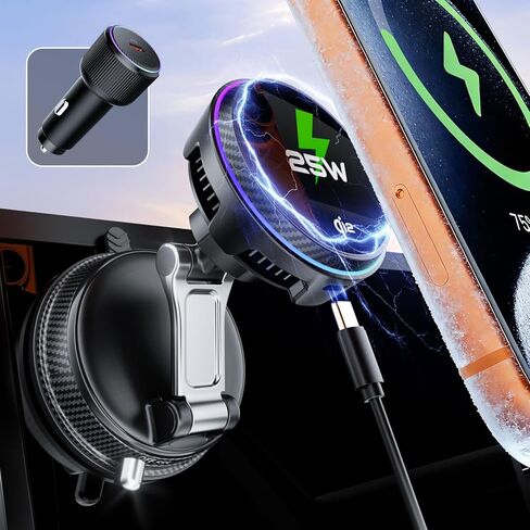 25W Certified for MagSafe Car Mount Charger with LED Light, Wireless Car Charger with TEC & Cooling Fan, 360°Rotation Strong Magnetic Phone Holder for Car with 45W Adapter for iPhone 17 Promax in Kuwait