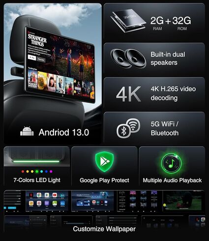 شاشة مسند رأس 15.6 بوصة Android 13، شاشة لمس تلفزيون السيارة، نظام ترفيه للمقعد الخلفي، دعم الهاتف، شاشة مزامنة لاسلكية، HDMI، بلوتوث، USB SD 4K، تشغيل الفيديو (2G+32G(1PC)) in Kuwait