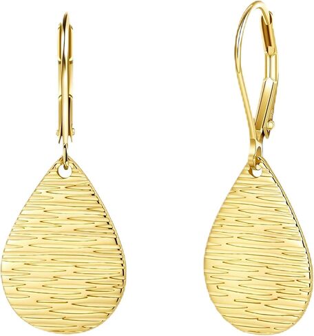 Sterling Silver Dangle Earrings for Women Trendy 14k Gold Plated Teardrop Shaped Hammered Geometric Flat Leverback Earrings Drop Earings Hypoallergenic for Jewelry Gifts in Saudi Arabia