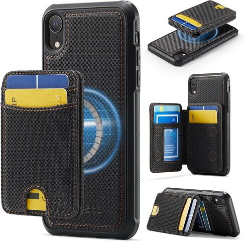 حافظة محفظة لهاتف iPhone XR، متوافقة مع MagSafe وRFID Blocking 2 في 1، حافظة جلدية PU قابلة للإزالة مقاومة للصدمات، حافظة محفظة ثنائية الطي لهاتف iPhone XR 6.1 بوصة - ألياف سوداء in Kuwait