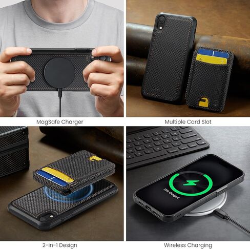 حافظة محفظة لهاتف iPhone XR، متوافقة مع MagSafe وRFID Blocking 2 في 1، حافظة جلدية PU قابلة للإزالة مقاومة للصدمات، حافظة محفظة ثنائية الطي لهاتف iPhone XR 6.1 بوصة - ألياف سوداء in Kuwait