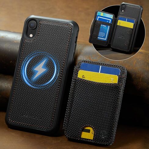 حافظة محفظة لهاتف iPhone XR، متوافقة مع MagSafe وRFID Blocking 2 في 1، حافظة جلدية PU قابلة للإزالة مقاومة للصدمات، حافظة محفظة ثنائية الطي لهاتف iPhone XR 6.1 بوصة - ألياف سوداء in Kuwait