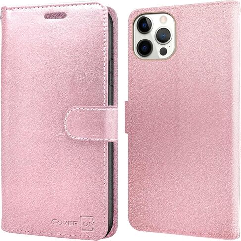 جراب جلدي من CoverON مصمم لهاتف Apple iPhone 13 Pro Max، غطاء هاتف بحامل قابل للطي بخاصية RFID - ذهبي وردي in Kuwait