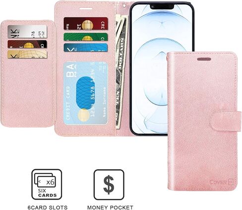 جراب جلدي من CoverON مصمم لهاتف Apple iPhone 13 Pro Max، غطاء هاتف بحامل قابل للطي بخاصية RFID - ذهبي وردي in Kuwait