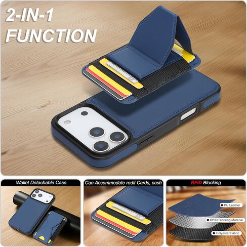 جراب محفظة GUERNICA متوافق مع Magsafe لهاتف iPhone 17 Pro Max، حامل بطاقة مغناطيسية، 2 في 1 قابل للفصل ومضاد للصدمات للنساء والرجال لهاتف Apple 17 Pro Max، أزرق in Kuwait