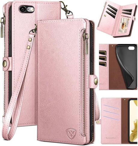 حافظة XcaseBar لهاتف iPhone 6S Plus/6 Plus 5.5 بوصة مع حامل بطاقة ائتمان بسحاب، حافظة هاتف من جلد البولي يوريثان قابلة للطي وغطاء مقاوم للصدمات للنساء والرجال - حجب RFID - بني فاتح in Kuwait
