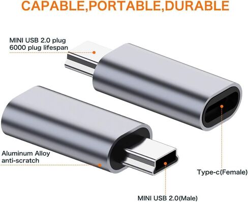 محول USB C إلى Mini USB 2.0، (عبوة من قطعتين) نوع C أنثى إلى USB صغير 2.0 ذكر يدعم موصل الشحن ومزامنة البيانات متوافق مع GoPro Hero 3+، ومشغلات MP3، وكاميرا داش، وكاميرا رقمية، وجهاز استقبال GPS وما إلى ذلك in Kuwait