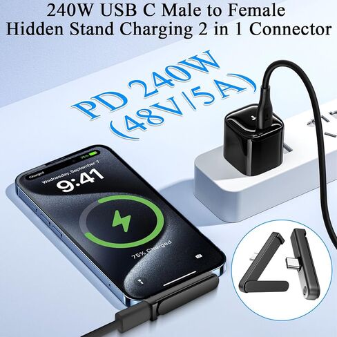 QIANRENON 240 واط USB C موصل شحن حامل مخفي 2 في 1 USB نوع C ذكر إلى أنثى محول زاوية 90 درجة حامل هاتف محمول قابل للطي 48 فولت/5 أمبير 480 ميجا بت في الثانية لنقل البيانات، لوحدة تحكم ألعاب الهاتف الذكي، قطعتان in Kuwait