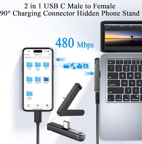 QIANRENON 240 واط USB C موصل شحن حامل مخفي 2 في 1 USB نوع C ذكر إلى أنثى محول زاوية 90 درجة حامل هاتف محمول قابل للطي 48 فولت/5 أمبير 480 ميجا بت في الثانية لنقل البيانات، لوحدة تحكم ألعاب الهاتف الذكي، قطعتان in Kuwait