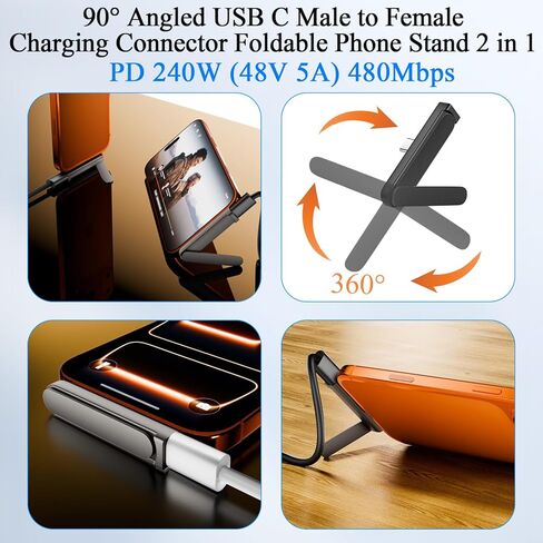 QIANRENON 240 واط USB C موصل شحن حامل مخفي 2 في 1 USB نوع C ذكر إلى أنثى محول زاوية 90 درجة حامل هاتف محمول قابل للطي 48 فولت/5 أمبير 480 ميجا بت في الثانية لنقل البيانات، لوحدة تحكم ألعاب الهاتف الذكي، قطعتان in Kuwait