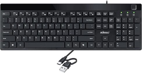 Adesso AKB-140FB لوحة مفاتيح سلكية USB منخفضة المستوى لسطح المكتب مع قارئ بصمات الأصابع المدمج، متوافق مع Windows Hello، مشفرة AES-256، 104 مفتاح، 12 مفتاح تشغيل سريع، USB-C مع محول USB-A in Kuwait