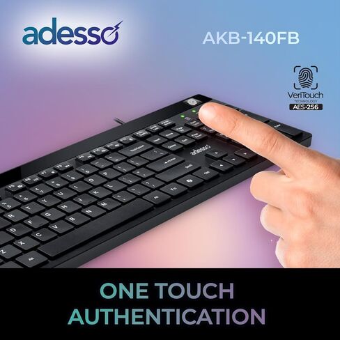 Adesso AKB-140FB لوحة مفاتيح سلكية USB منخفضة المستوى لسطح المكتب مع قارئ بصمات الأصابع المدمج، متوافق مع Windows Hello، مشفرة AES-256، 104 مفتاح، 12 مفتاح تشغيل سريع، USB-C مع محول USB-A in Kuwait