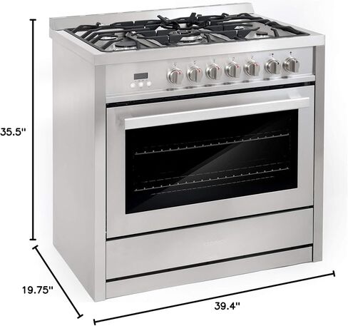 COSMO COS-F965NF 36 in. Dual Fuel Range with 5 Gas Burners, Electric Convection Oven and COSMO 63190 36 in. Wall Mount Range Hood in Stainless Steel in Saudi Arabia