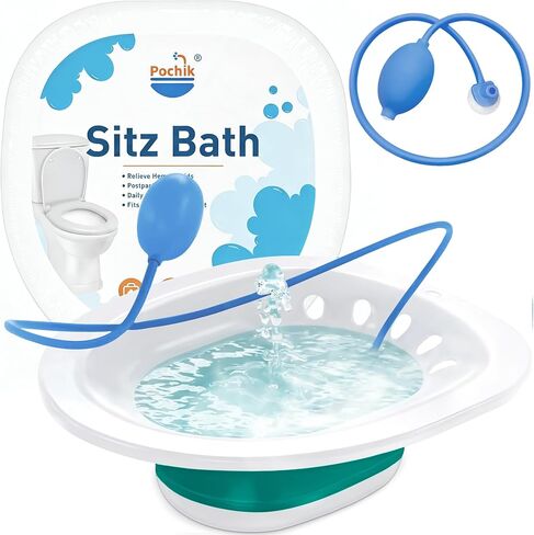 Pochik Sitz Bath, Sitz Bath for Hemorrhoids, Sitz Bath for Toilet Seat, Postpartum Care, Sits Bath Kit for Women, Collapsible, Flusher Hose, Drain Holes, Wider Seating Area, Deeper Bowl in Kuwait