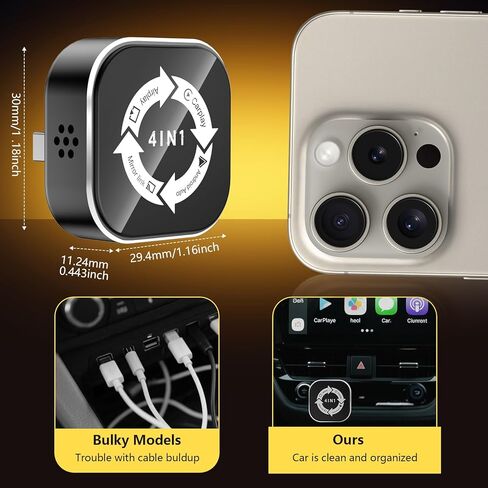 محول Carplay اللاسلكي 4 في 1 ترقية 2026، تصميم USB صغير الحجم للغاية سلكي إلى محول لاسلكي لـ Apple Carplay وAndroid Auto & Airplay & Mirror Link، التوصيل والتشغيل (أسود) in Kuwait