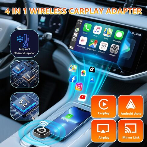 محول Carplay اللاسلكي 4 في 1 ترقية 2026، تصميم USB صغير الحجم للغاية سلكي إلى محول لاسلكي لـ Apple Carplay وAndroid Auto & Airplay & Mirror Link، التوصيل والتشغيل (أسود) in Kuwait