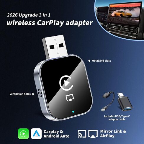 محول CarPlay اللاسلكي لنظام Android Auto - محول وصلة مرآة Airplay 3 في 1، اتصال سلس متعدد المستخدمين يحول السلكية إلى محول CarPlay اللاسلكي - بدون زمن انتقال من iOS 10+ إلى الشاشة مع USB-C in Kuwait