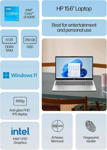 HP 15 Slim Laptop in Silver Intel 8-core i3 up to 3.8Ghz (Beat i5-1135G7) 8GB RAM 256GB SSD 15.6in Full HD 4K Graphics HDMI W11 (15-FD01 - Renewed) in Kuwait