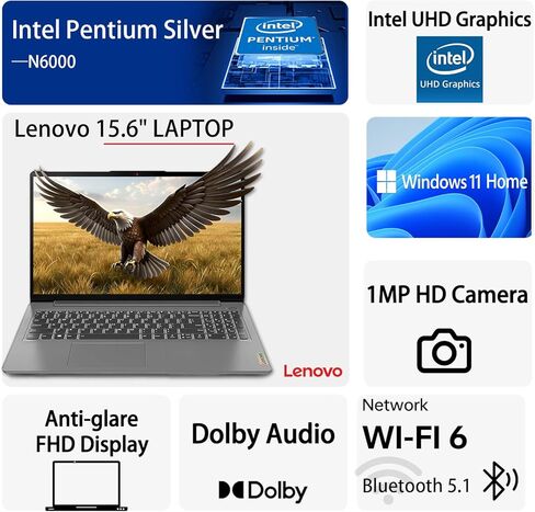 كمبيوتر محمول Lenovo Ideapad 1 - كمبيوتر محمول بشاشة 15.6 بوصة FHD للمنزل والمهام اليومية، معالج Intel N6000، 12 جيجابايت DDR4، 128 جيجابايت eMMC + 512 جيجابايت SSD، Wi-Fi 6، كاميرا عالية الدقة 1 ميجابكسل، Windows 11 Home، قارئ بطاقة SD in Kuwait